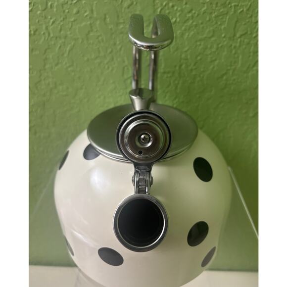 Kate Spade Lenox Tea Kettle Deco Polka Dot White Black 2.5qt Enamel Stainless - Picture 3 of 11